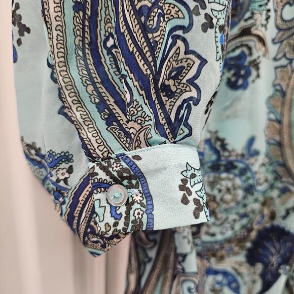 Wallis Blue, Beige, Brown, Off-white ColoredPaisley Sheer Blouse Size L - Picture 3 of 10